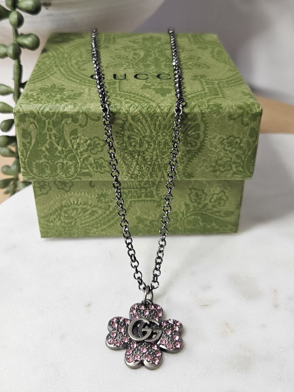 💕 Upcycled GG Flower Pendant w/ Pink Crystals Necklace